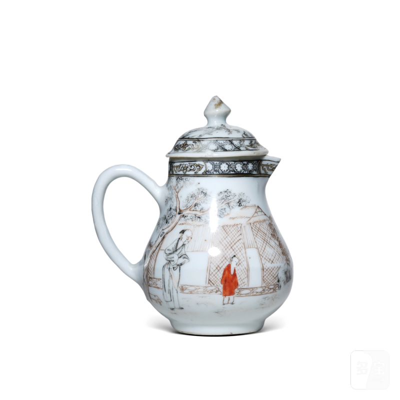 清乾隆墨彩矾红描金松下访友奶壶